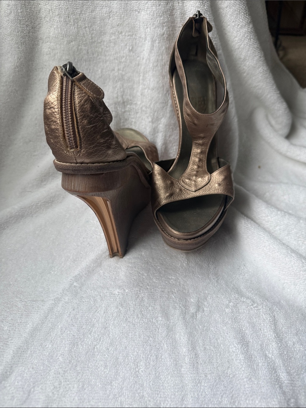 Salvatore Ferragamo Metallic Bronze Platform T-Strap Heels